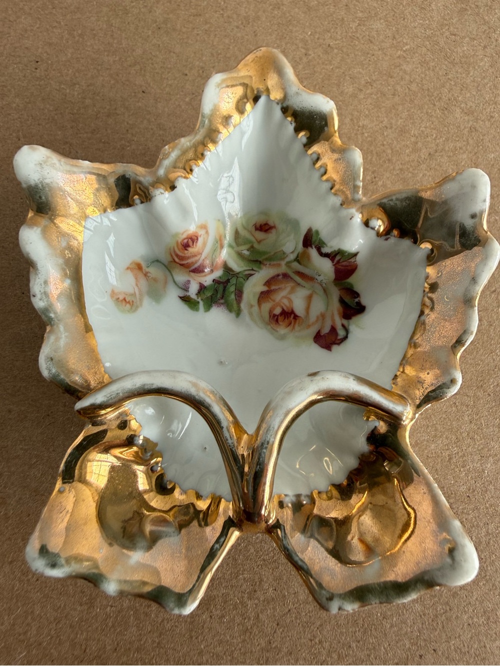 Vintage Lefton China Gold Gilt Rose Leaf Small Trinket Dish Hand-Painted Motif